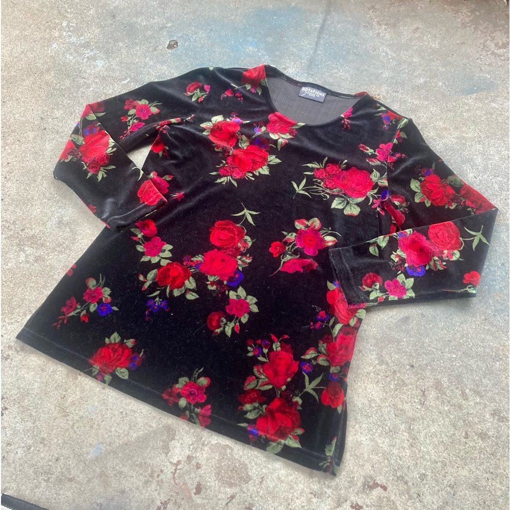 Floral Print 3/4 Sleeve Scoop Neck Velvet Shirt Top